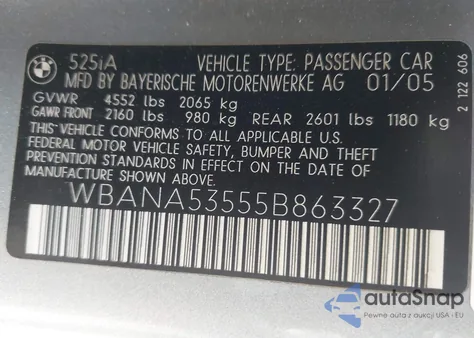 2005 BMW 525I z USA, uszkodzony, nr VIN WBANA53555B863327